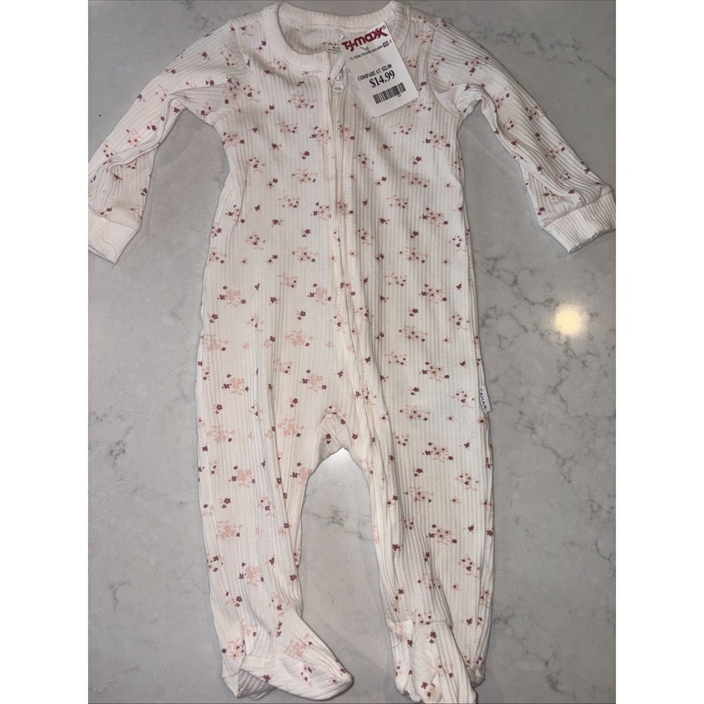 Tahari Baby Cream Floral Sleeper 3-6 Months Organic Cotton Long Sleeve One Piece